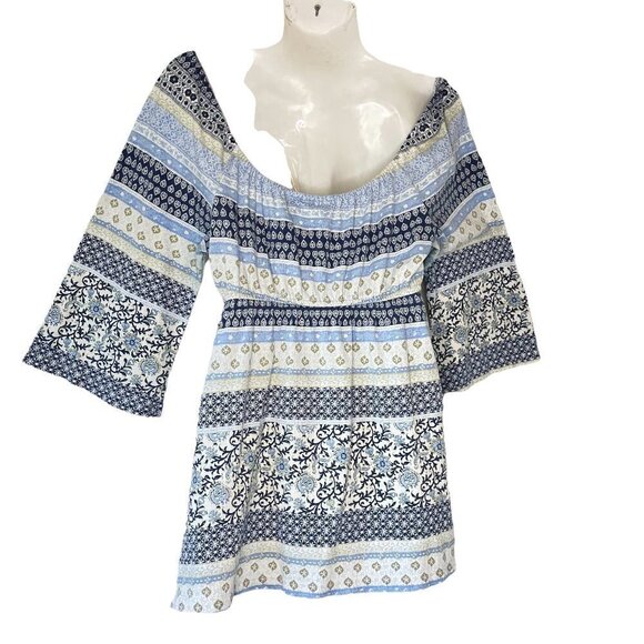 Announcements Maternity Stretch Top Peasant Style White with Blue Print - Picture 3 of 6